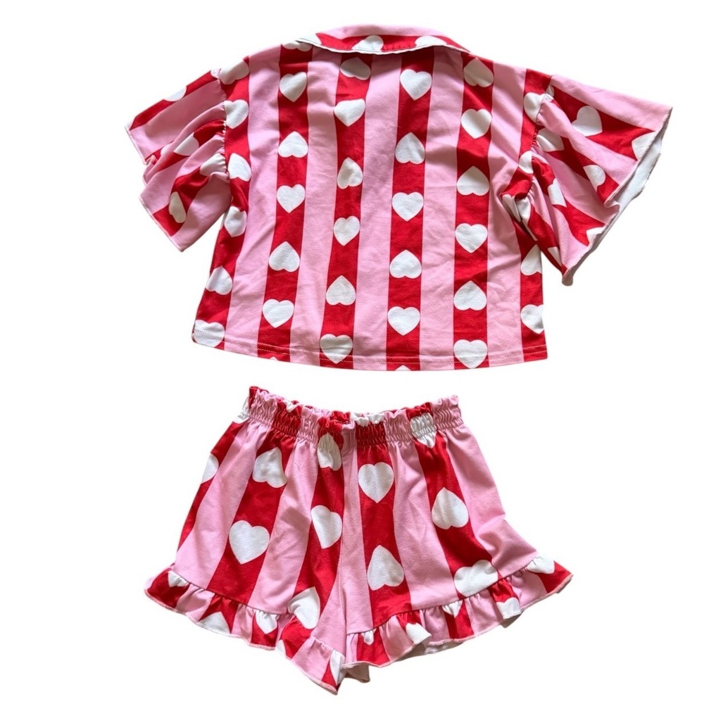 BTWEEN Girls Heart Pajama Set Pink Red Stripe w/ Gem Button Accents & Shorts 5/6 - Picture 4 of 5